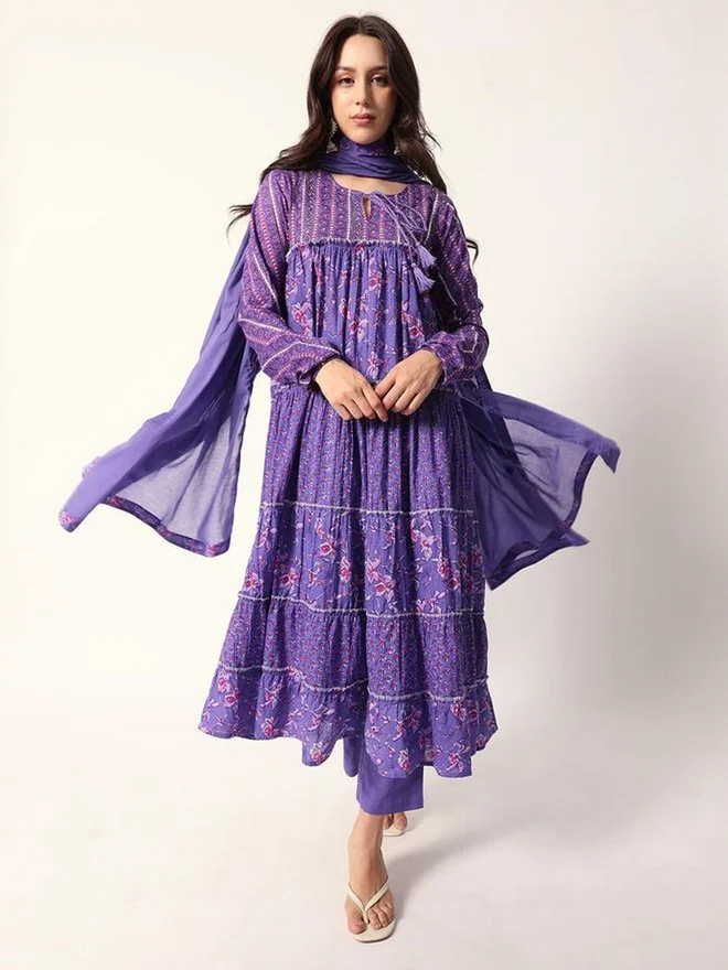 ISHIN ISHIN 3-Piece Cotton Floral Print Tiered Kurta, Pants and Dupatta Set