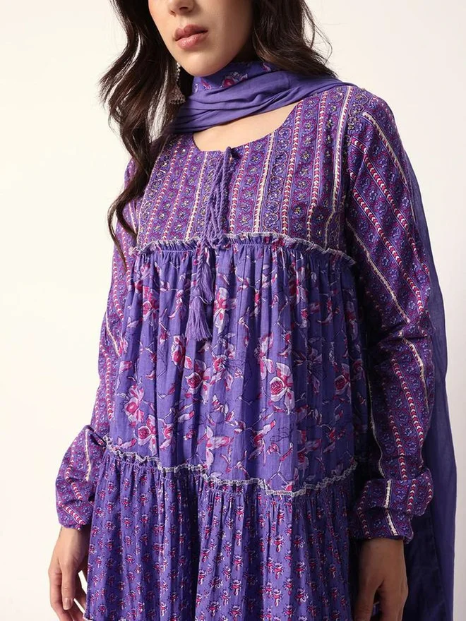 ISHIN ISHIN 3-Piece Cotton Floral Print Tiered Kurta, Pants and Dupatta Set