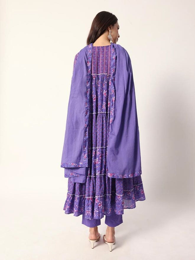 ISHIN 3-Piece Cotton Floral Print Tiered Kurta, Pants and Dupatta Set - Image 5