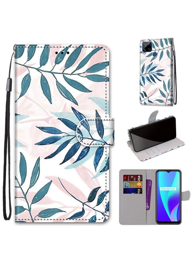HuHa Case Cover For Realme C15 / C12 / C25 / 7i Global / Narzo 20 / 30A Coloured Drawing Cross Texture Horizontal Flip PU Leather Case with Holder & Card Slots & Wallet & Lanyard Pink Green Leaf 