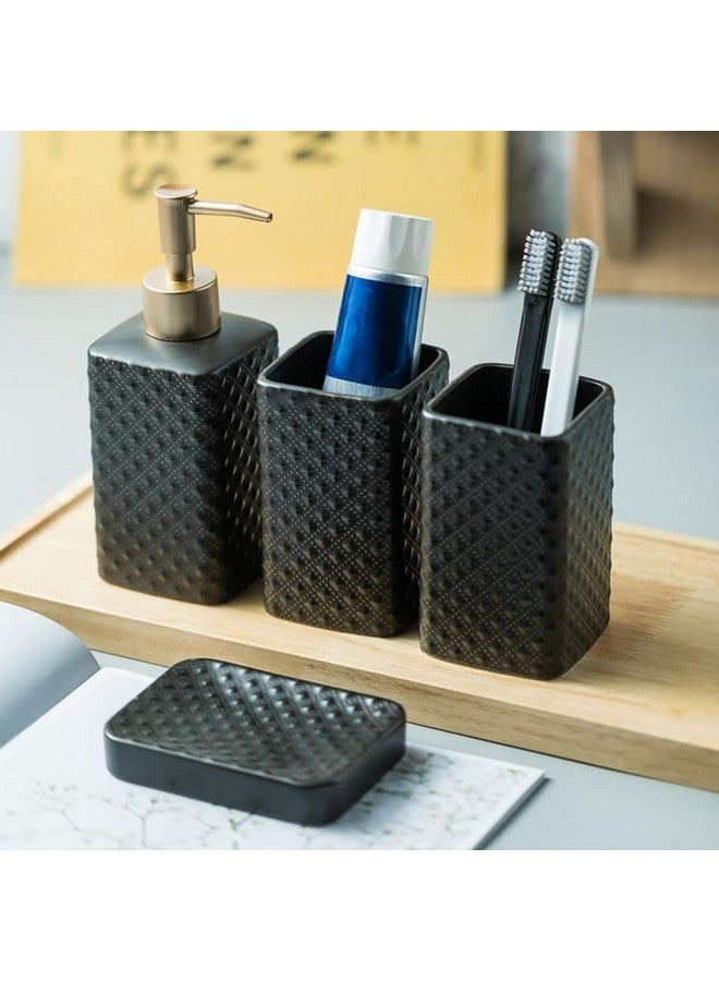The Better Home مجموعة الحمام السيراميكية 4 قطع من ذا بيتر هوم | موزع صابون للحمام (350 مل)، حوامل فرشاة الأسنان وحامل صابون للحمام | ملحقات الحمام | موزع غسول اليد | علبة صابون | أسود - Image 1