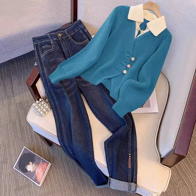 One-piece/Early Autumn Wear plus size chubby girl New Chinese Style National Style Fake Two-piece Knit Sweater Denim Trousers Womens Fashion Blue top single piece