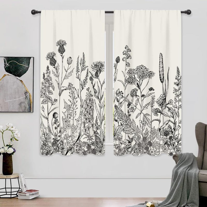 Riyidecor Rustic Flower Floral Plant Curtains Black White Leaf Rod Pocket Vintage HerbsWomen Wildflower Blossom Botanical NatureClassic Bedroom Living Room Treatment Fabric 2 Panels 42 x 63 Inch