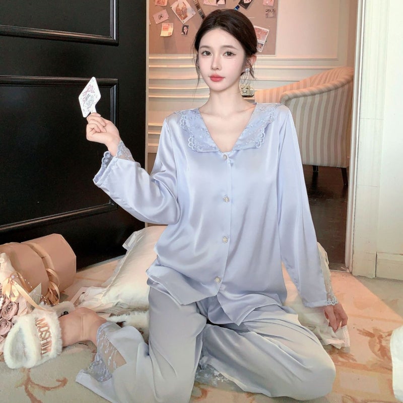 French Style New Palace Pajama Set for Women, Silk Long Sleeve Spring/Autumn Set, Wearable Outside, Ice Silk Cardigan Loungewear - Image 3