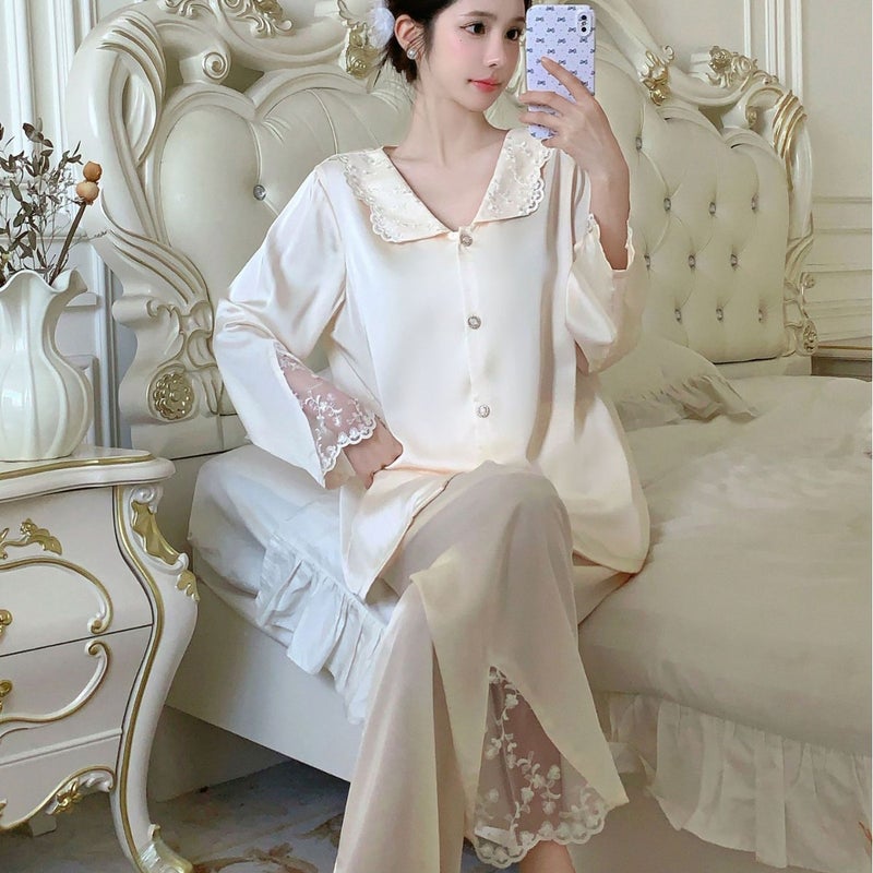 French Style New Palace Pajama Set for Women, Silk Long Sleeve Spring/Autumn Set, Wearable Outside, Ice Silk Cardigan Loungewear - Image 1