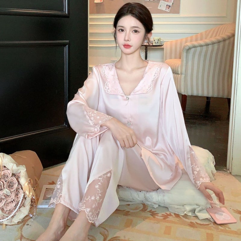 French Style New Palace Pajama Set for Women, Silk Long Sleeve Spring/Autumn Set, Wearable Outside, Ice Silk Cardigan Loungewear - Image 2