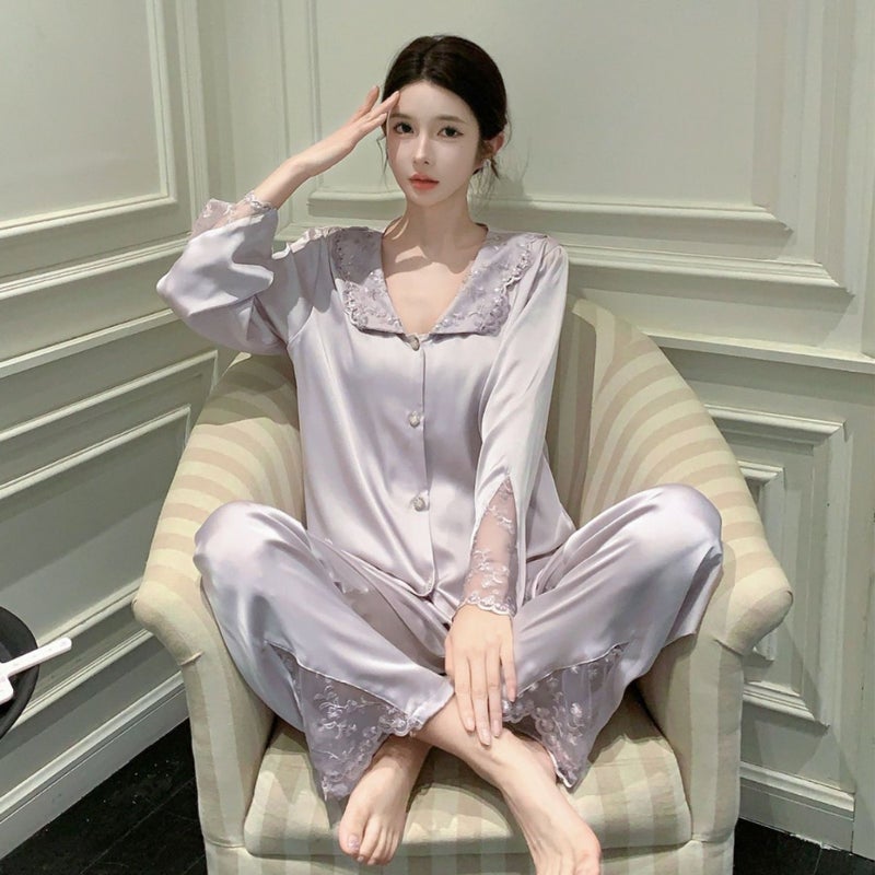 French Style New Palace Pajama Set for Women, Silk Long Sleeve Spring/Autumn Set, Wearable Outside, Ice Silk Cardigan Loungewear - Image 4