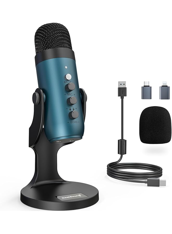 ميكروفون ألعاب Zealsound USB للكمبيوتر الشخصي، ميكروفون مكثف، ميكروفونات التوصيل والتشغيل لأجهزة PS4 و5. ضبط الشاشة والتحكم في مستوى الصوت، زر التحكم في كسب الميكروفون، زر كتم الصوت لبودكاست TikTok وYoutube على أجهزة Mac وWindows (أزرق مخضر) - Image 1