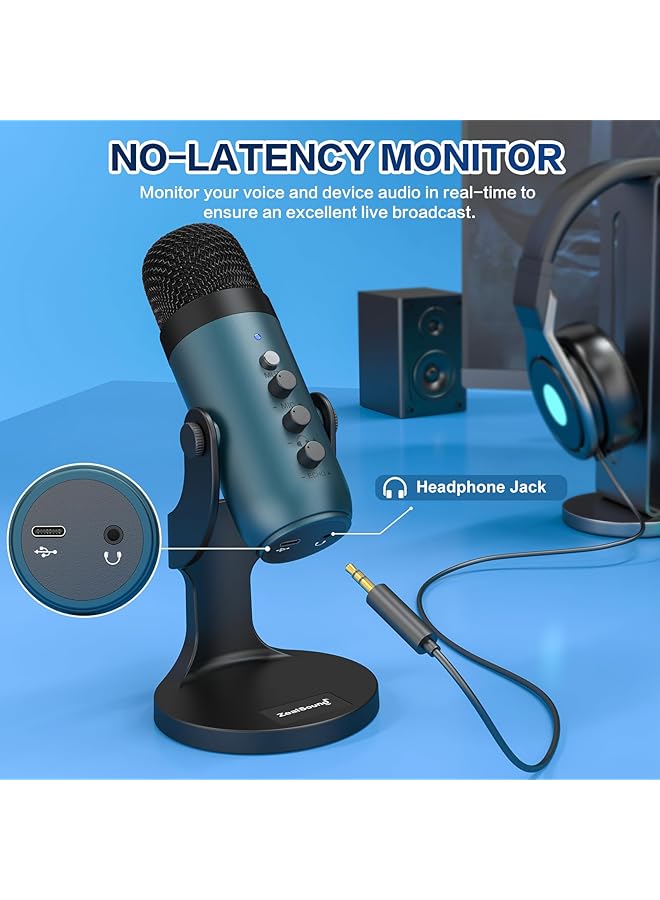 ميكروفون ألعاب Zealsound USB للكمبيوتر الشخصي، ميكروفون مكثف، ميكروفونات التوصيل والتشغيل لأجهزة PS4 و5. ضبط الشاشة والتحكم في مستوى الصوت، زر التحكم في كسب الميكروفون، زر كتم الصوت لبودكاست TikTok وYoutube على أجهزة Mac وWindows (أزرق مخضر) - Image 4