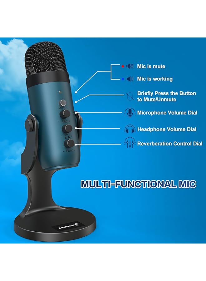 ميكروفون ألعاب Zealsound USB للكمبيوتر الشخصي، ميكروفون مكثف، ميكروفونات التوصيل والتشغيل لأجهزة PS4 و5. ضبط الشاشة والتحكم في مستوى الصوت، زر التحكم في كسب الميكروفون، زر كتم الصوت لبودكاست TikTok وYoutube على أجهزة Mac وWindows (أزرق مخضر) - Image 5