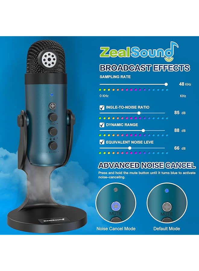 ميكروفون ألعاب Zealsound USB للكمبيوتر الشخصي، ميكروفون مكثف، ميكروفونات التوصيل والتشغيل لأجهزة PS4 و5. ضبط الشاشة والتحكم في مستوى الصوت، زر التحكم في كسب الميكروفون، زر كتم الصوت لبودكاست TikTok وYoutube على أجهزة Mac وWindows (أزرق مخضر) - Image 3