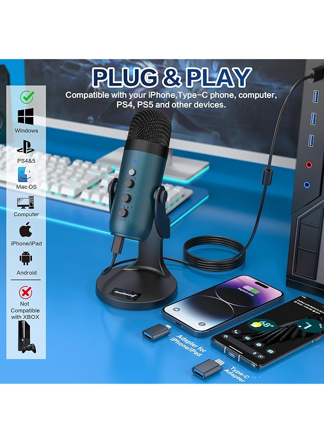 ميكروفون ألعاب Zealsound USB للكمبيوتر الشخصي، ميكروفون مكثف، ميكروفونات التوصيل والتشغيل لأجهزة PS4 و5. ضبط الشاشة والتحكم في مستوى الصوت، زر التحكم في كسب الميكروفون، زر كتم الصوت لبودكاست TikTok وYoutube على أجهزة Mac وWindows (أزرق مخضر) - Image 2