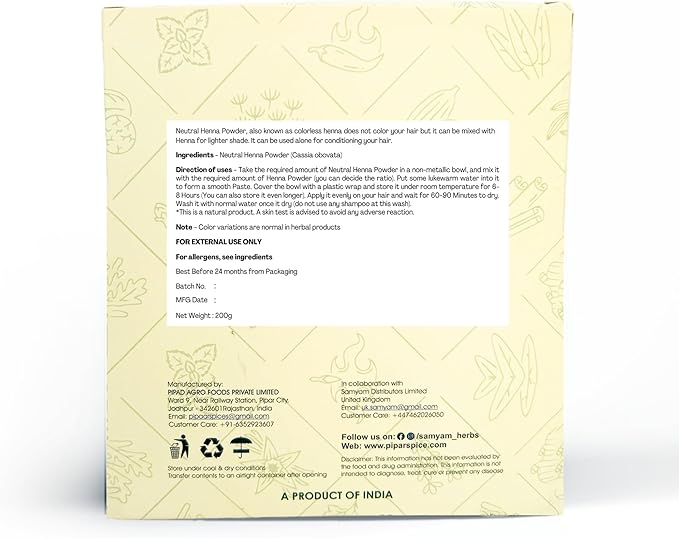 SAMYAM COLORLESS Henna Powder Neutral Henna Cassia Henna 200g Pack Natural Hair Conditioner PPD and Chemical Free