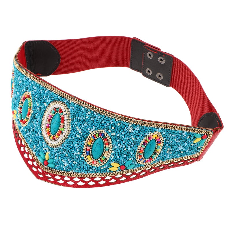 Elastic Waist Belt With With Beads - Bohemian Adjustable Wide Tribal Waist Chain For Women Dancing Dress Dance Festival Outfits - Image 1