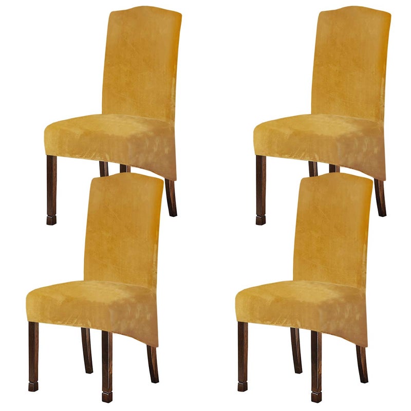 Velvet Plush XL Dining Chair Covers Set of 4 Stretch Chair covers Spandex High Chairs Protector Covers Seat Slipcover with Elastic Band for Dining RoomWedding Ceremony Banquet Mustard Gold