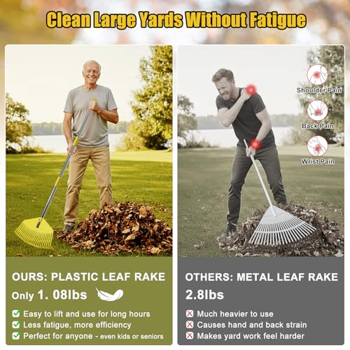 Wefaith Plastic Leaf Rake for Lawns - Lightweight & Anti-Break Nylon Head, 16.5'' Wide Yard & Garden Rake for Leaves, Grass, Pine Needles, Adjustable Long Handle Easy Use for Women,Seniors,Kids - Image 2