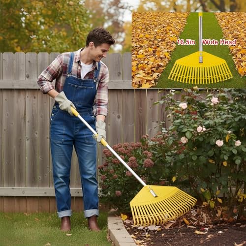 Wefaith Plastic Leaf Rake for Lawns - Lightweight & Anti-Break Nylon Head, 16.5'' Wide Yard & Garden Rake for Leaves, Grass, Pine Needles, Adjustable Long Handle Easy Use for Women,Seniors,Kids - Image 3