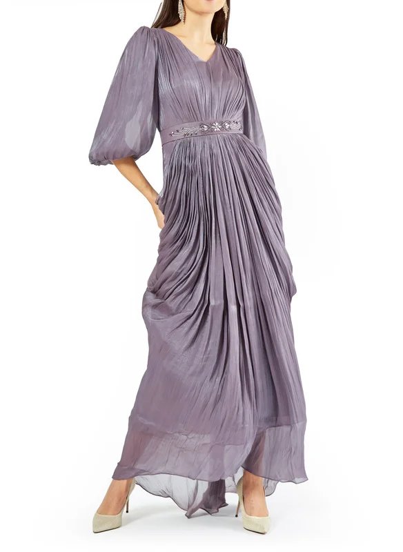 امري Ruched Waist Dress with Puff Three Quarter Sleeves and Embellished Waist Belt