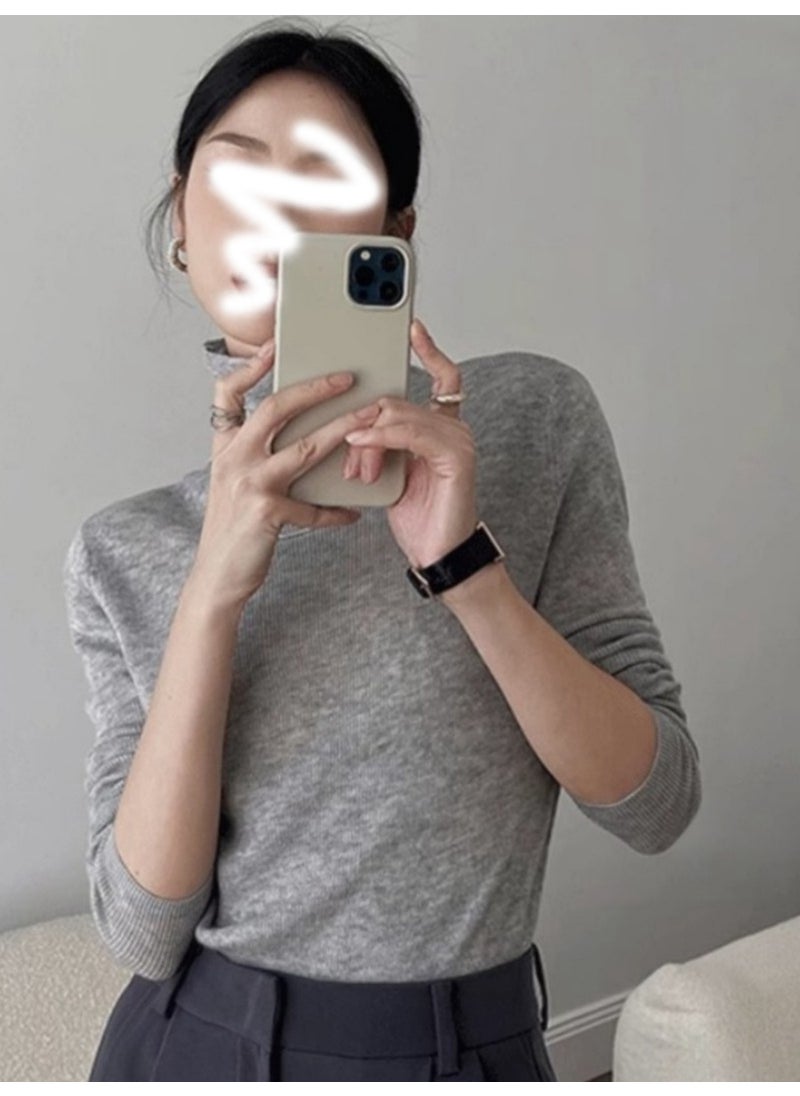 Generic - Retro Brown Turtleneck Knit Top Women Autumn Winter 2024 Slim Fit Pullover Gray - Image 1