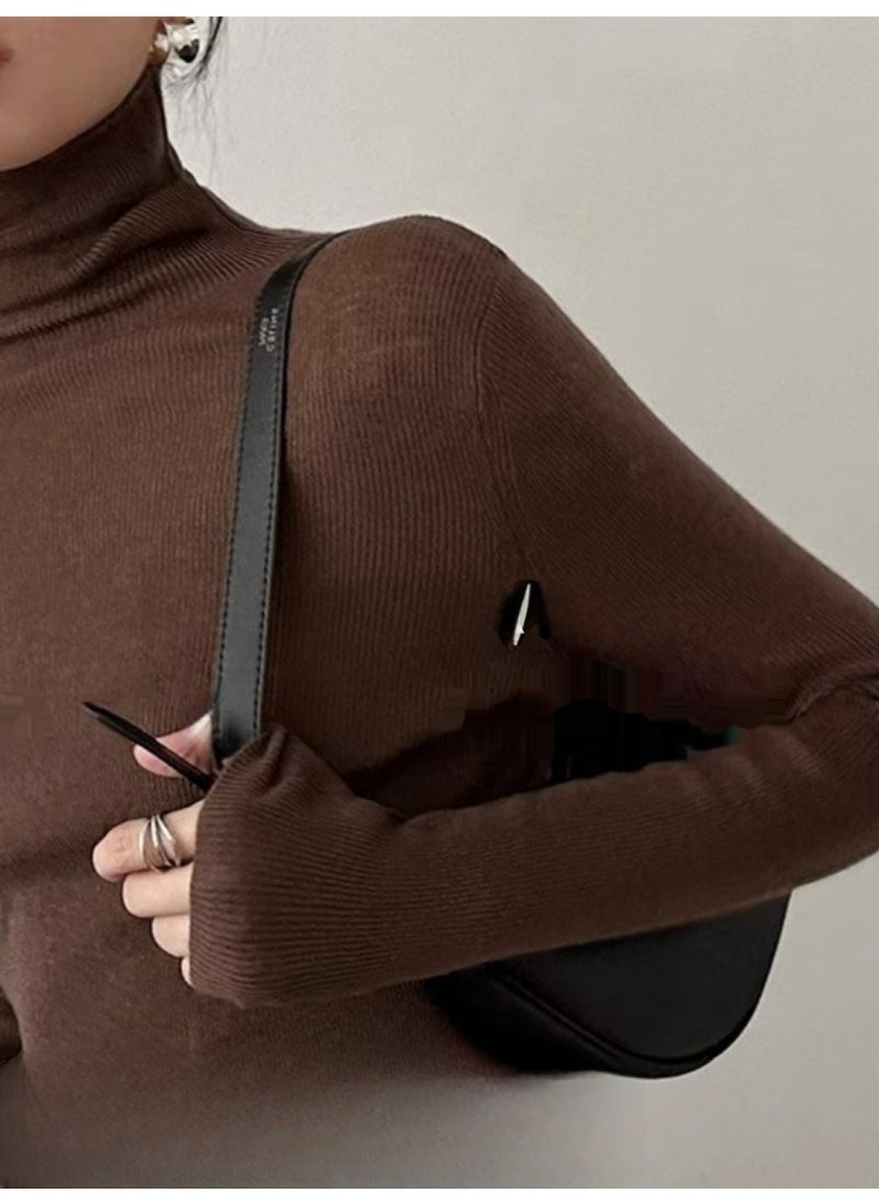 Generic - Retro Brown Turtleneck Knit Top Women Autumn Winter 2024 Slim Fit Pullover Gray - Image 1