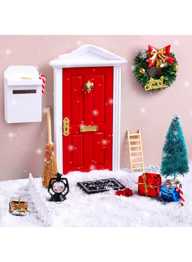Elcoho 17 Pieces Christmas Elf Wooden Fairy Set Mini Wooden Tiny Door With Christmas Accessories Fairy Tale Red Miniature Fairy Door Outdoor Christmas Decor For Kids Gift Party Diy Craft - Image 1