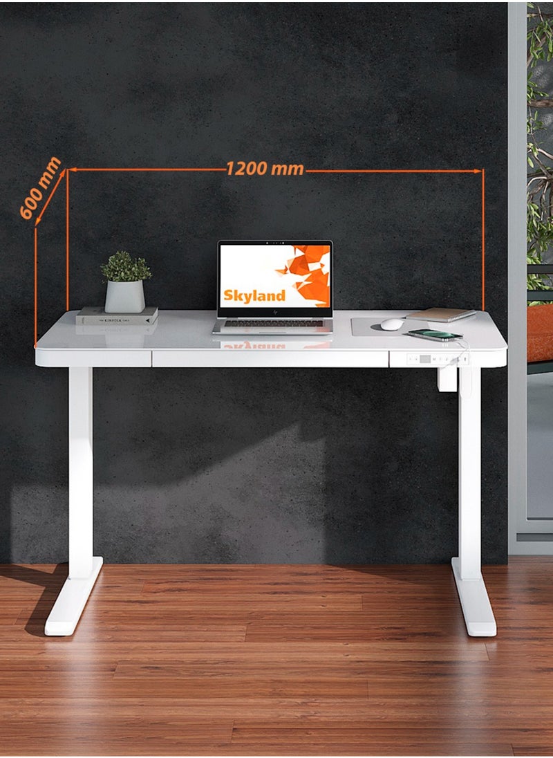 SkyLand Electric Height Adjustable Desk - Sit-Stand Workstation with Drawer, Wireless Charging, Tempered Glass, Memory Control, Child Lock, Dual USB and Type-C Ports - White Home Office Desk  - Image 5