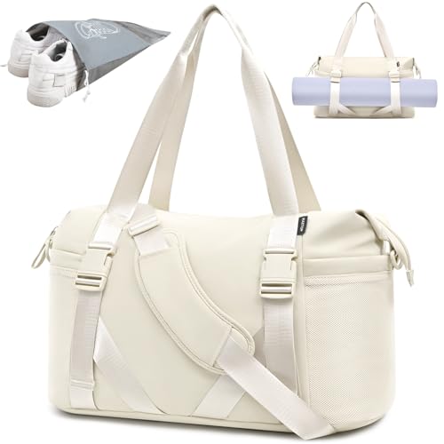 MAXTOP Women's Yoga Gym Bag with Yoga Mat Holder, Duffle Tote Bag for Travel, Workout, Overnight, Dance, Sports, Pilates, Beige - Image 1