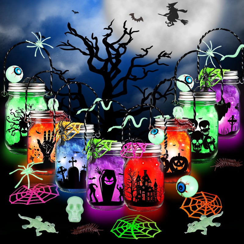 Shemira Halloween Craft Kit for Kids8 pcs Glass Mason Jar with Accessories for DIY Lantern Jar Halloween Art Craft Party Supplies Halloween Art Activities Crafts and Arts Party Supplies - Image 2