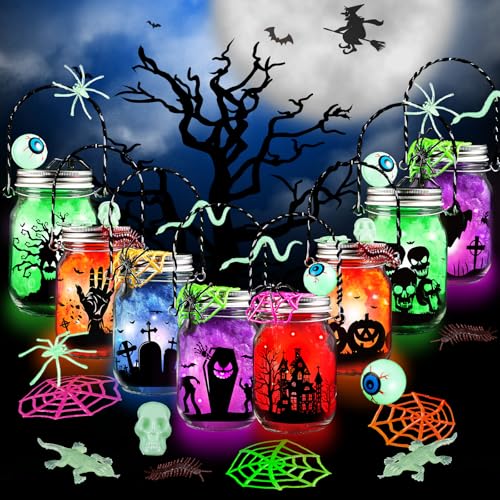 Shemira Halloween Craft Kit for Kids8 pcs Glass Mason Jar with Accessories for DIY Lantern Jar Halloween Art Craft Party Supplies Halloween Art Activities Crafts and Arts Party Supplies - Image 1