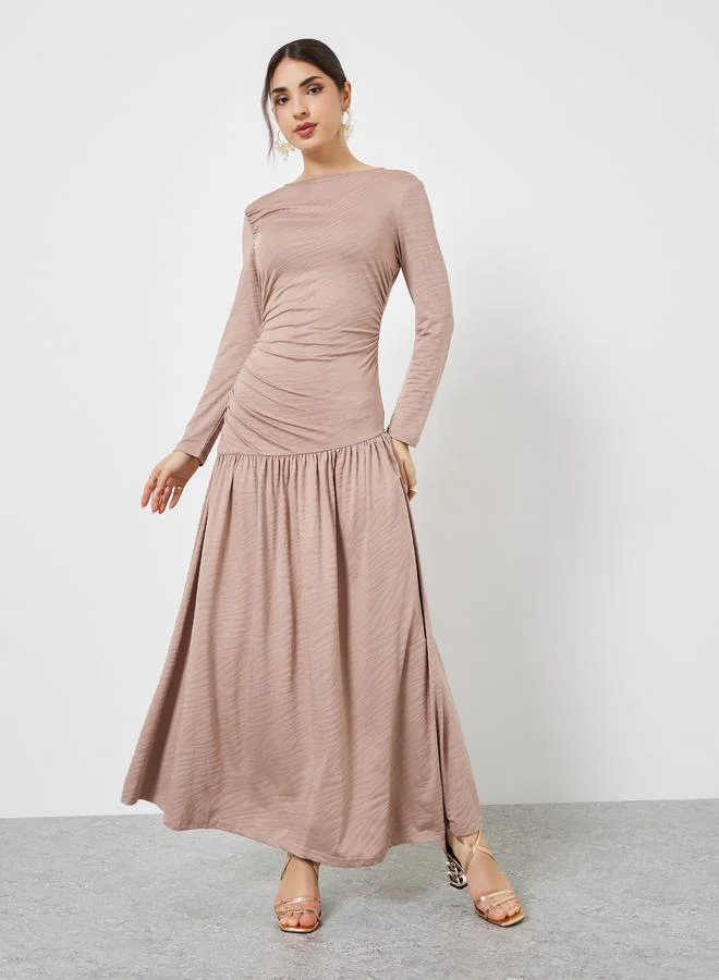 Styli Beige Texture A-Line Maxi Dress