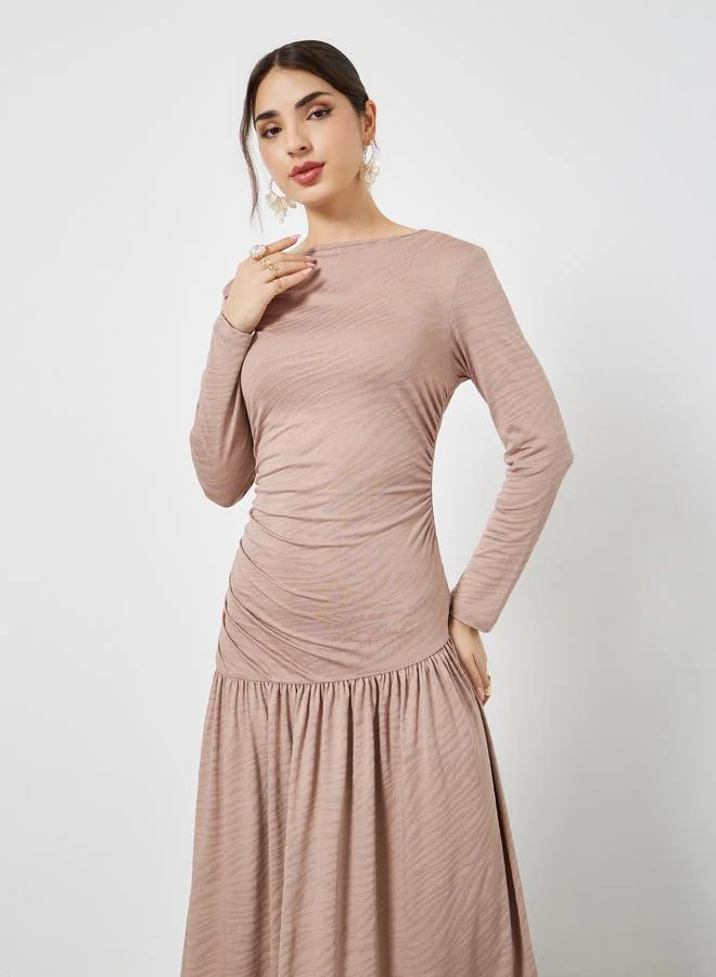 Styli  Beige Texture A-Line Maxi Dress for Women | Best Price UAE