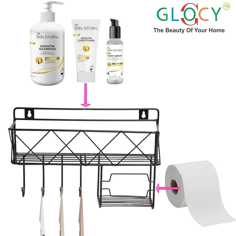 GLOCY Wall Mounted Shelf with Hooks, Stainless Steel 3 in 1 Shampoo,Soap&Towel Holder, Kitchen, Washroom, Shop, Office Organizer, Adhesive Multipurpose Rack, Black - Image 2