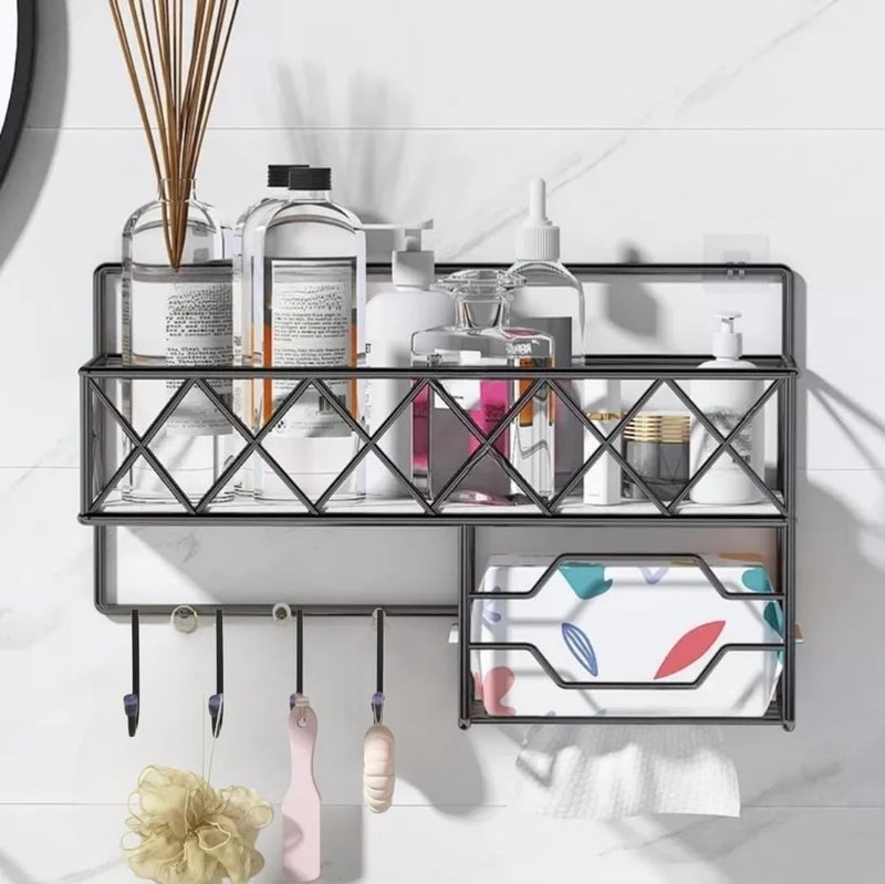 GLOCY Wall Mounted Shelf with Hooks, Stainless Steel 3 in 1 Shampoo,Soap&Towel Holder, Kitchen, Washroom, Shop, Office Organizer, Adhesive Multipurpose Rack, Black - Image 1