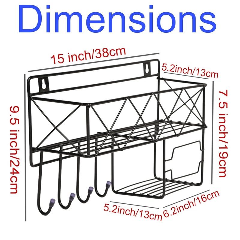 GLOCY Wall Mounted Shelf with Hooks, Stainless Steel 3 in 1 Shampoo,Soap&Towel Holder, Kitchen, Washroom, Shop, Office Organizer, Adhesive Multipurpose Rack, Black - Image 5