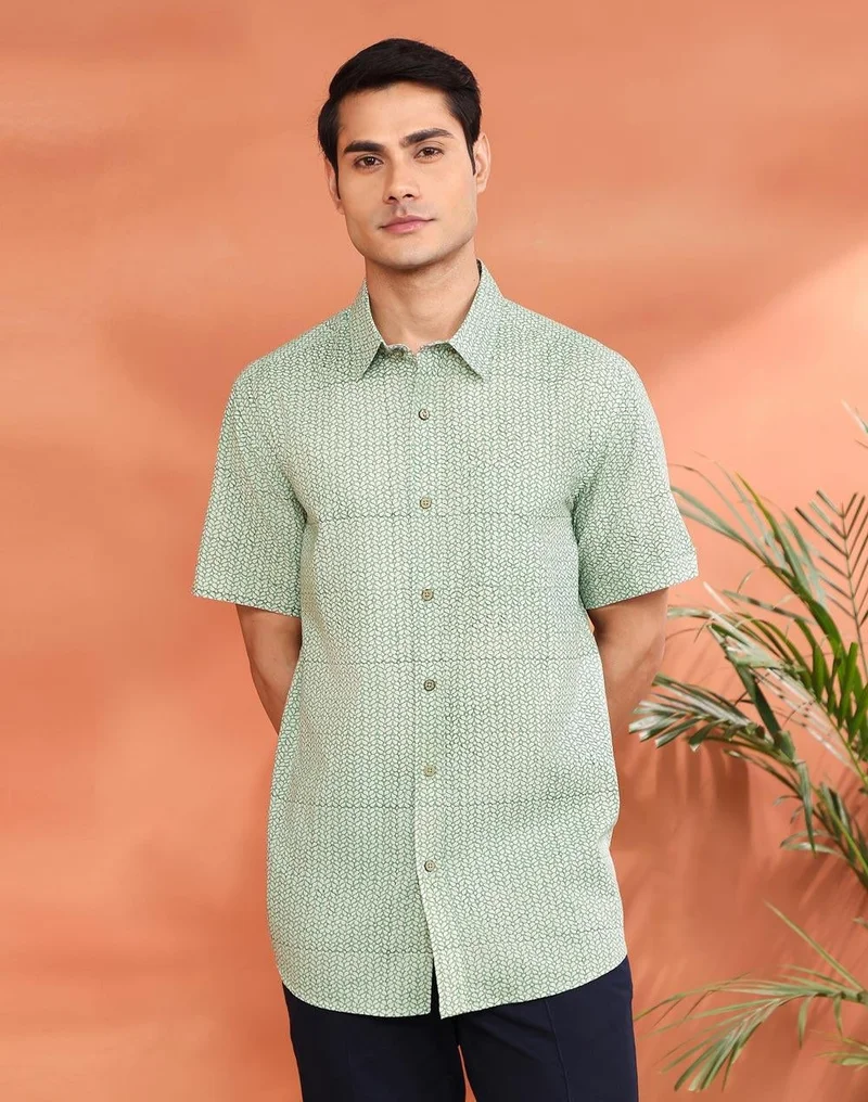 Fabindia Green Cotton Hand Block Printed Bush Shirt