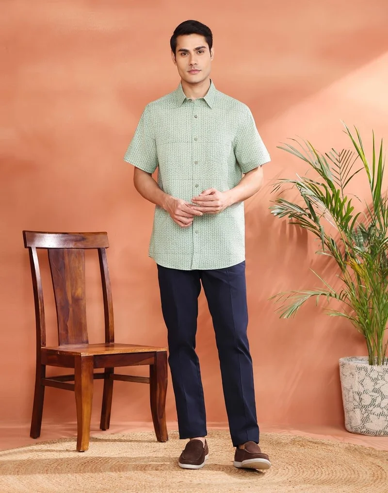 Fabindia Green Cotton Hand Block Printed Bush Shirt