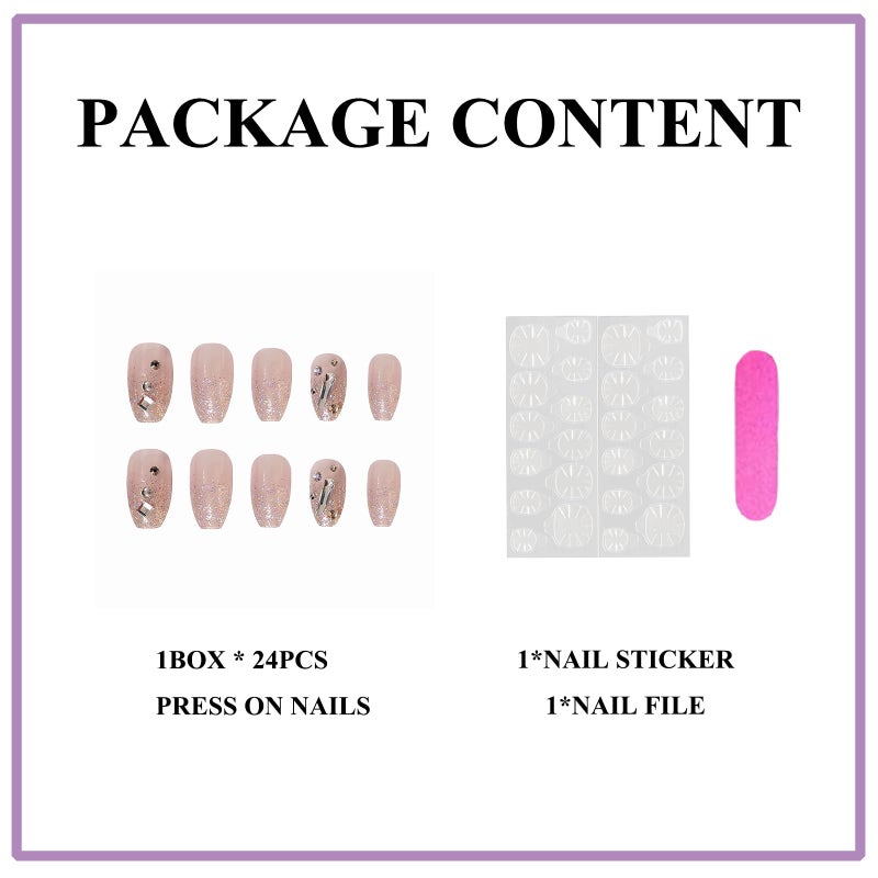 MERVF Coffin Press on Nails Medium Fake Nails Glitter French Tip Ballerina Glue ons with Rhinestones Design Artificial Luxury Acrylic Nail Glossy 24pcs - Image 3