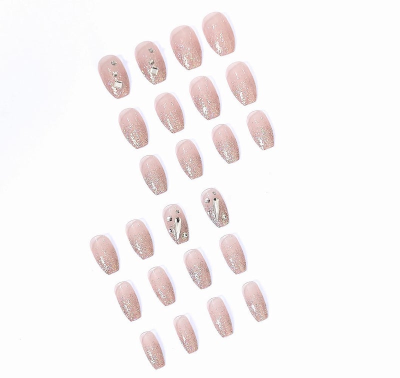 MERVF Coffin Press on Nails Medium Fake Nails Glitter French Tip Ballerina Glue ons with Rhinestones Design Artificial Luxury Acrylic Nail Glossy 24pcs - Image 2