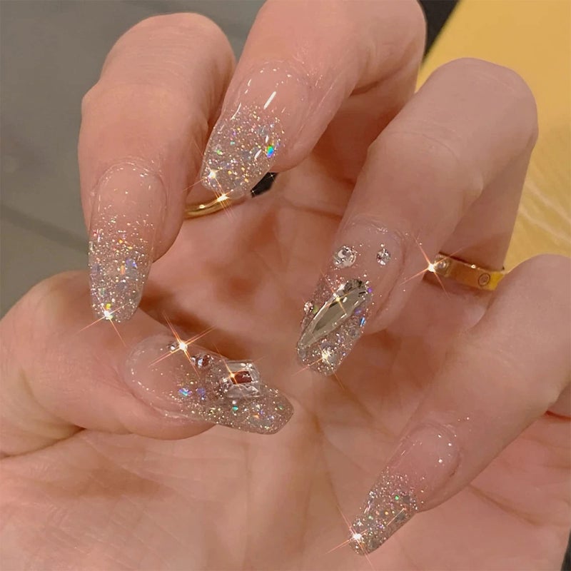 MERVF Coffin Press on Nails Medium Fake Nails Glitter French Tip Ballerina Glue ons with Rhinestones Design Artificial Luxury Acrylic Nail Glossy 24pcs - Image 1