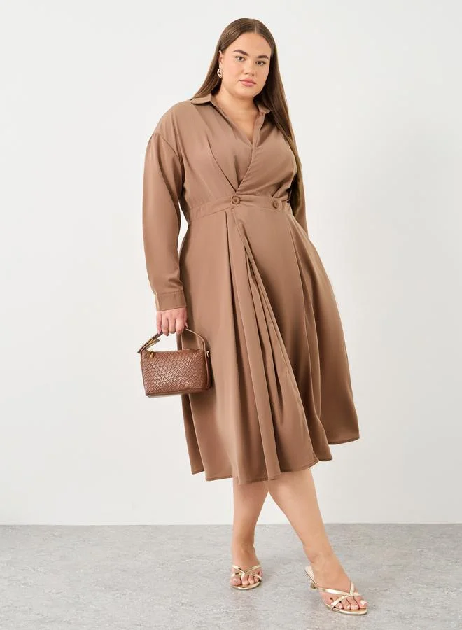 Styli Styli Plus Midi Dress with Button Detail