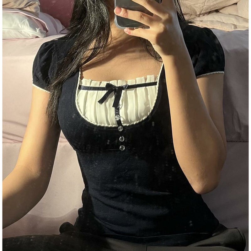 2022 Cotton Slim-Fit Short-Sleeved Solid Color Pullover Square Collar Black Hem Short-Sleeved Elegant Commuter T-Shirt - Image 2