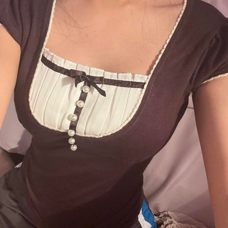 2022 Cotton Slim-Fit Short-Sleeved Solid Color Pullover Square Collar Black Hem Short-Sleeved Elegant Commuter T-Shirt - Image 5