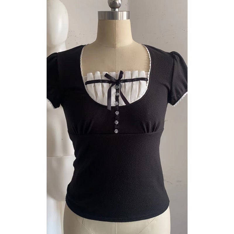 2022 Cotton Slim-Fit Short-Sleeved Solid Color Pullover Square Collar Black Hem Short-Sleeved Elegant Commuter T-Shirt - Image 3