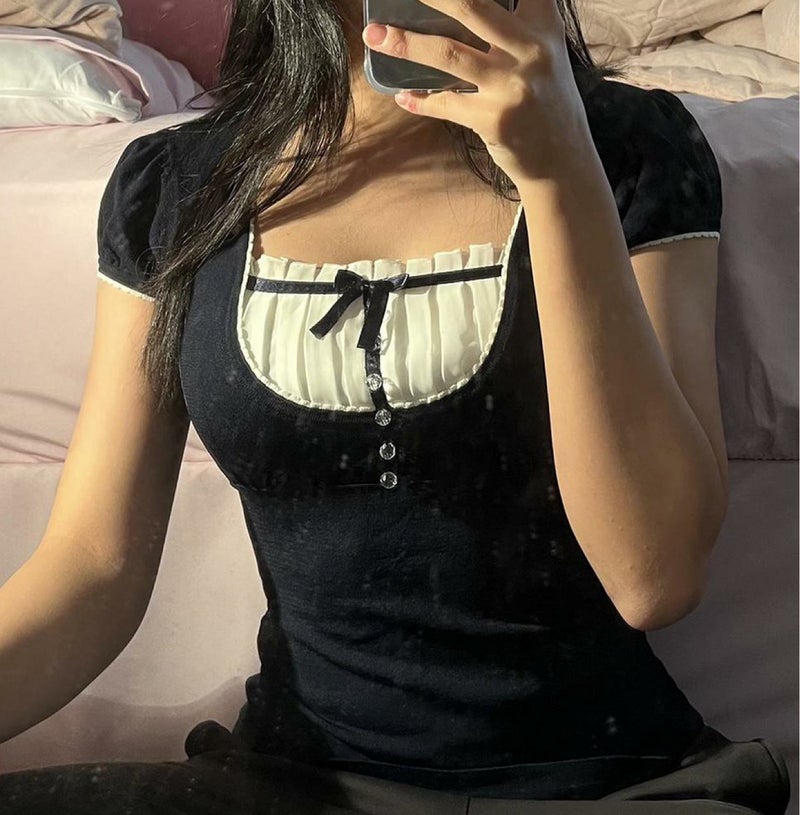 2022 Cotton Slim-Fit Short-Sleeved Solid Color Pullover Square Collar Black Hem Short-Sleeved Elegant Commuter T-Shirt - Image 1