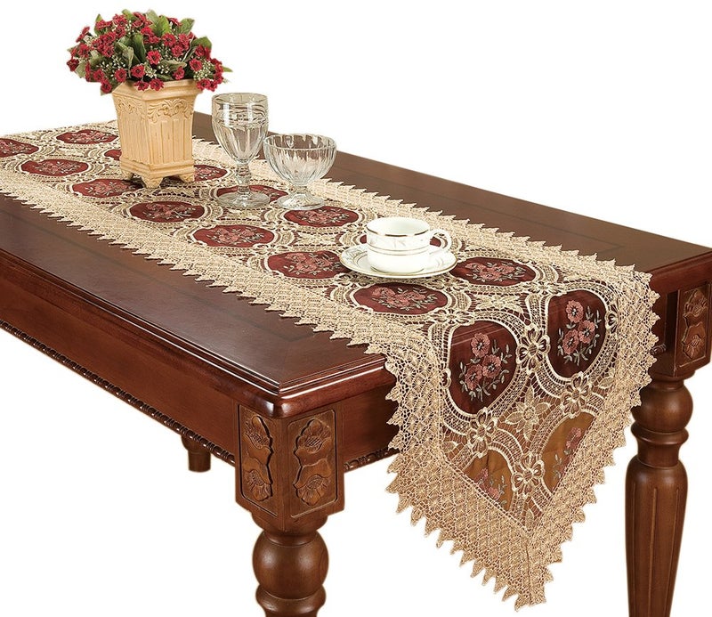 Simhomsen Gold Floral Lace Table Runner Dresser Scarves Embroidered Wine Red Translucent Gauze 16 60 Inch