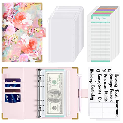 Rnivvi Budget Binder with Zipper Envelopes, A6 Money Saving Binder Cash Envelopes for Budgeting, PU Leather Planner Money Organizer for Cash Bills, Cute Floral System Wallet for Women, Pink Flower - Image 1