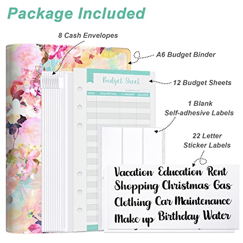 Rnivvi Budget Binder with Zipper Envelopes, A6 Money Saving Binder Cash Envelopes for Budgeting, PU Leather Planner Money Organizer for Cash Bills, Cute Floral System Wallet for Women, Pink Flower - Image 2