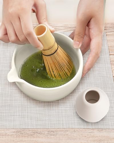 Joiish Matcha Bowl and Whisk Holder Set, Ceramic Tea Bowl and Whisk Stand, Matcha Tea Mixing Bowl with Spout (18 Ounce), Whisk Rest, Ivory White - Image 2