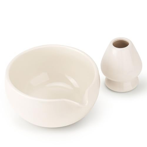 Joiish Matcha Bowl and Whisk Holder Set, Ceramic Tea Bowl and Whisk Stand, Matcha Tea Mixing Bowl with Spout (18 Ounce), Whisk Rest, Ivory White - Image 1