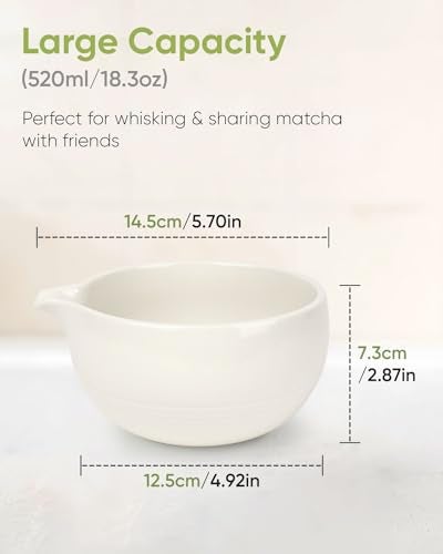 Joiish Matcha Bowl and Whisk Holder Set, Ceramic Tea Bowl and Whisk Stand, Matcha Tea Mixing Bowl with Spout (18 Ounce), Whisk Rest, Ivory White - Image 4